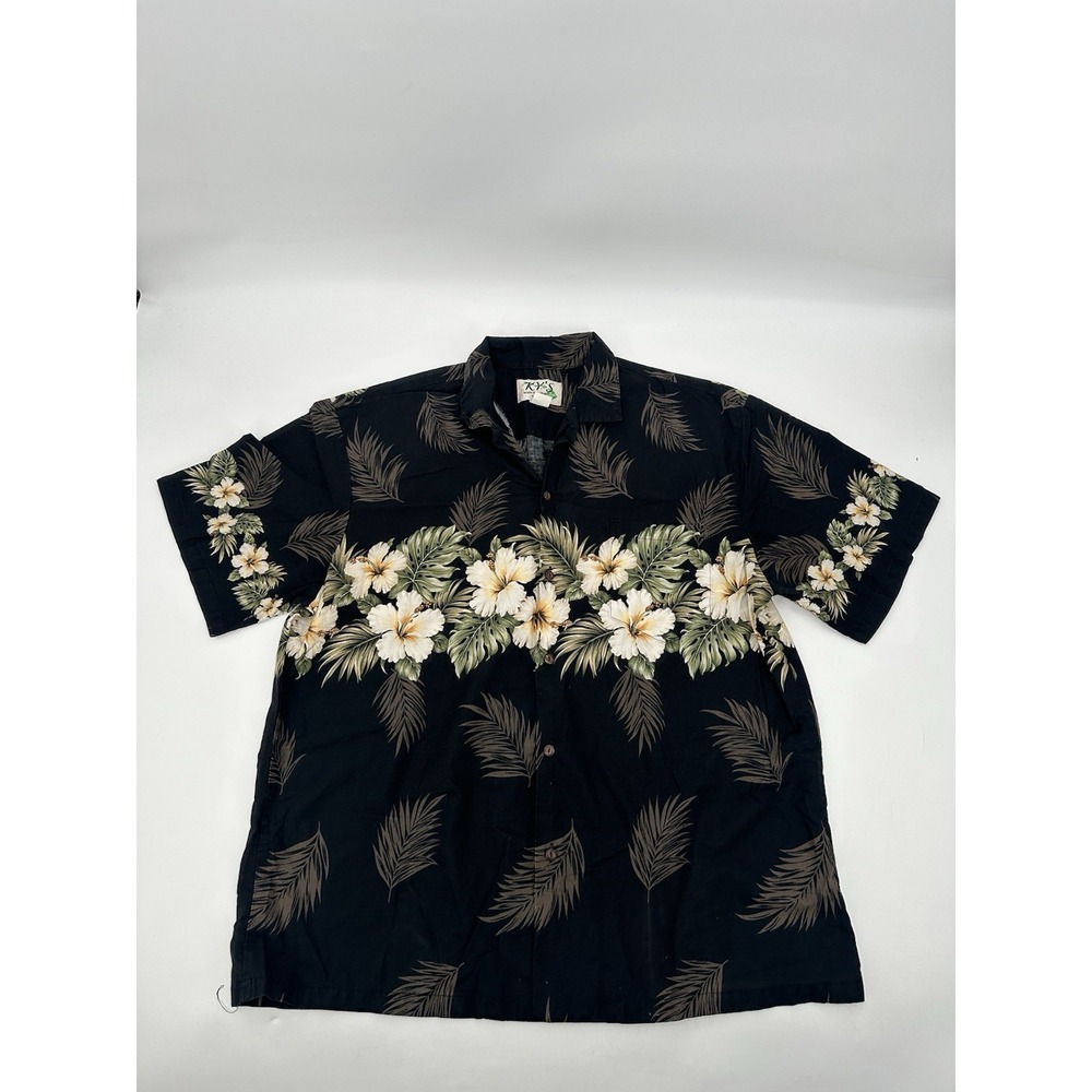 KY's Hawaiian Shirt 2XL Black with Beige Floral Designs‎